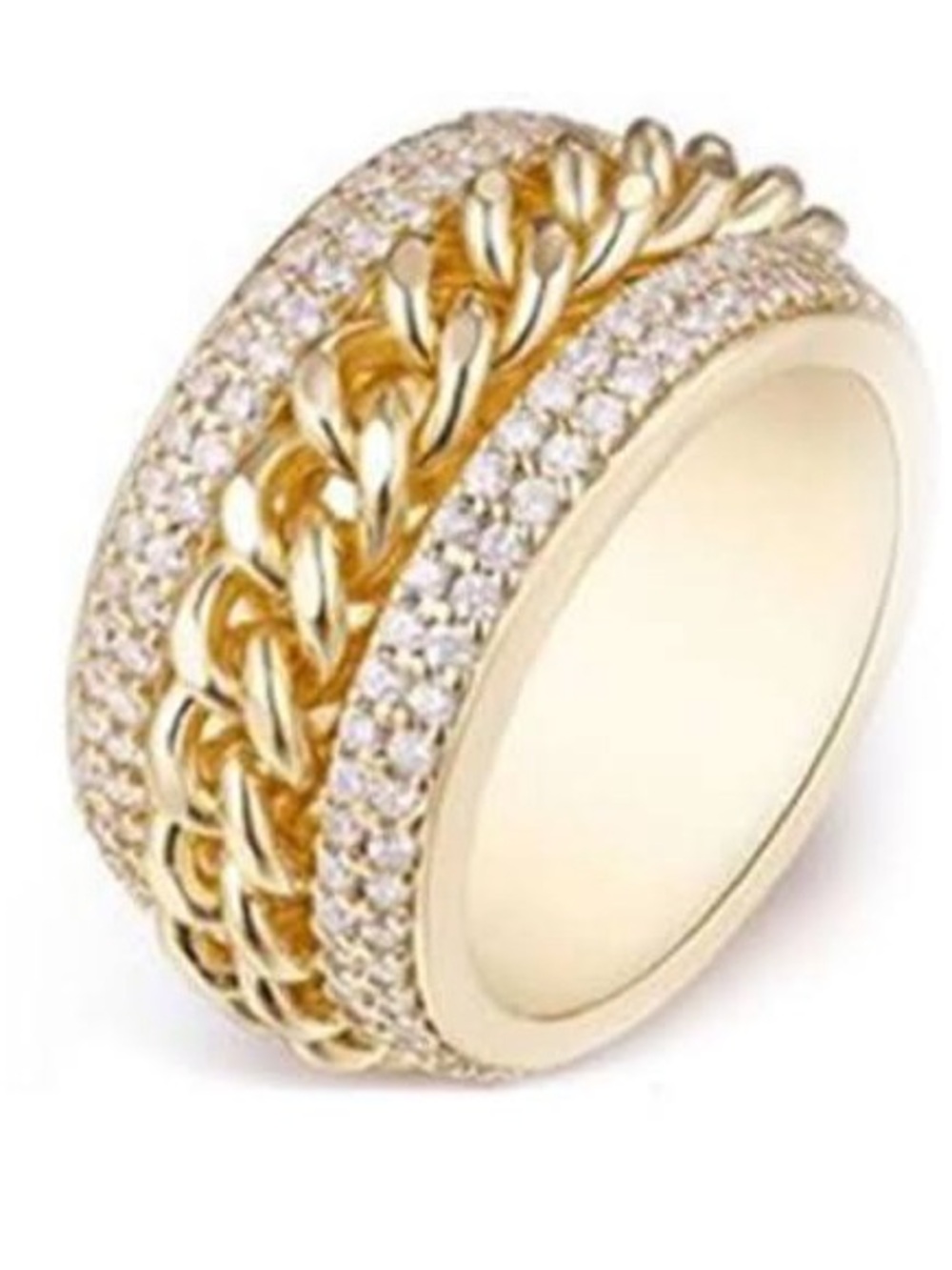 Gold Plated Swarovski Pave Cuban Curb Chain Eternity Wide Band Ring Luxury
